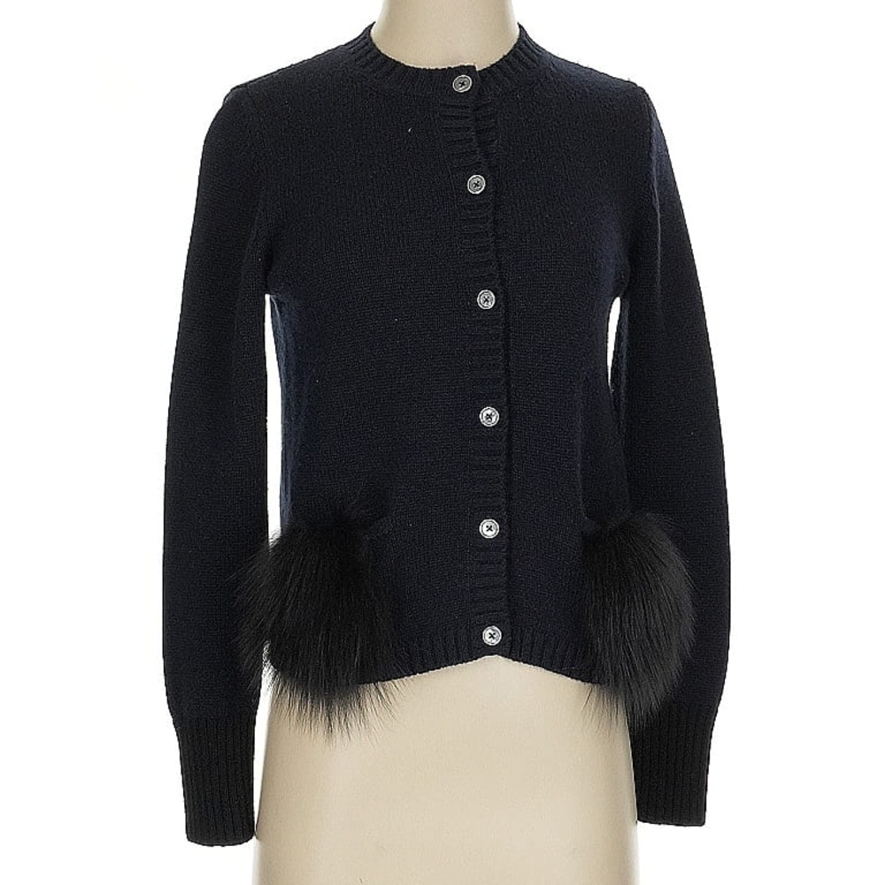 Barneys New York 100% Cashmere Black Cardigan Sweater with Fur Trim
